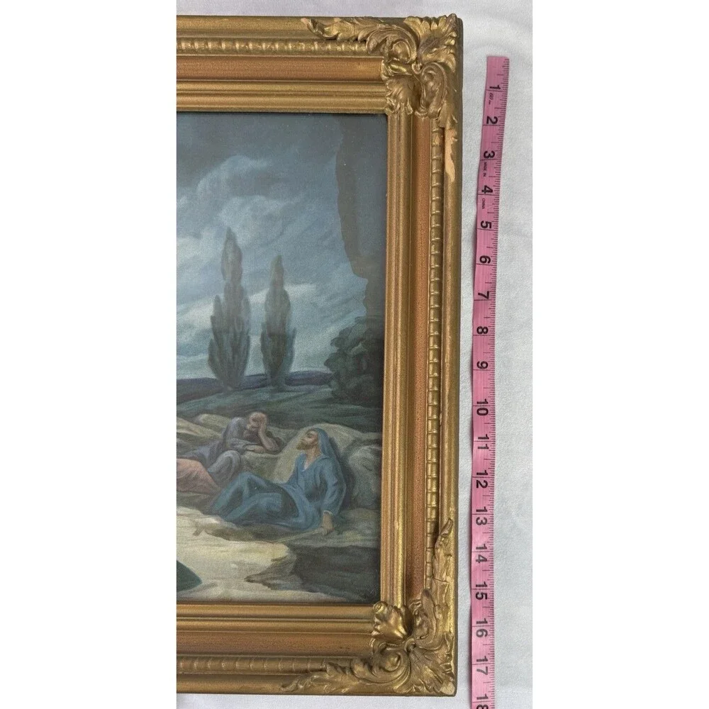Vintage Jesus Praying Art Under Glass Ornate Gilt Wood Gold Frame Antique